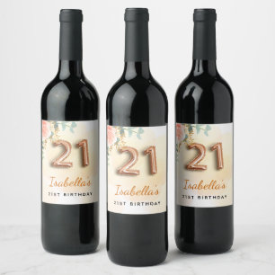Etiqueta Para Botella De Vino 21 cumpleaños rosa floral oro eucalipto monograma