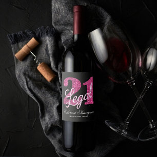 Etiqueta Para Botella De Vino 21 y legal   Fun Pink Faux Purpurina 21 cumpleaños