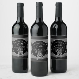 Etiqueta Para Botella De Vino 25° Aniversario Boda Moda Plata Negra Elegante