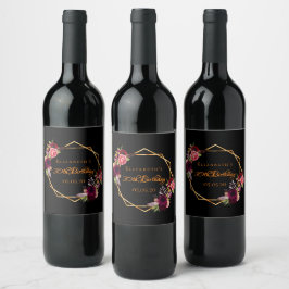 Etiqueta Para Botella De Vino 30.º cumpleaños negro floral oro geométrico burgun