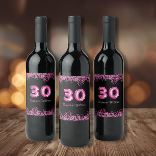 Etiqueta Para Botella De Vino 30.º natalicio Globos rosados negros   Purpurina f
