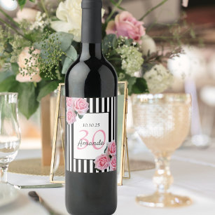 Etiqueta Para Botella De Vino 30 años flores rosadas rayas blancas negras