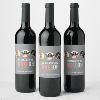 Etiqueta Para Botella De Vino ¡30° TREEOH gris y rosa!