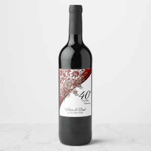 Etiqueta Para Botella De Vino 40.º Aniversario del Boda Blanco y Rojo de Ruby