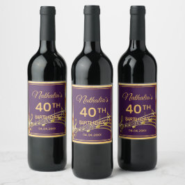 Etiqueta Para Botella De Vino 40.º fiesta de cumpleaños música púrpura elegante 