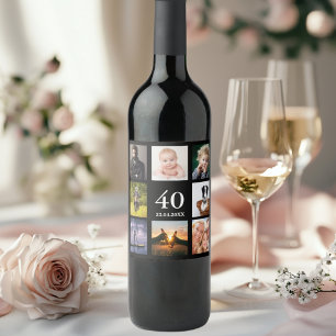 Etiqueta Para Botella De Vino 40.º fiesta de cumpleaños tipo de foto negro