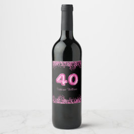 Etiqueta Para Botella De Vino 40.º natalicio Globos rosados negros | Purpurina f