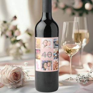 Etiqueta Para Botella De Vino 40.º personalizado fiesta collage de fotos rosa or