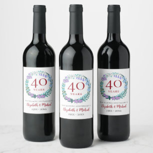 Etiqueta Para Botella De Vino 40° Aniversario de Ruby Bluebells Floral Wreath