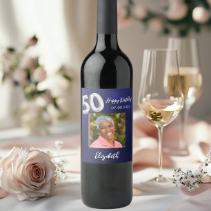 Etiqueta Para Botella De Vino 50.ª foto azul marino de cumpleaños