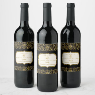 Etiqueta Para Botella De Vino 50.º 50º Aniversario de Oro Negro y Oro