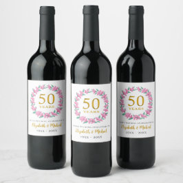 Etiqueta Para Botella De Vino 50.º aniversario Boda de la corona floral rosa dor