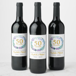 Etiqueta Para Botella De Vino 50.º Aniversario del Boda Dorado Bluebells Wreath