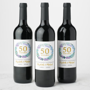 Etiqueta Para Botella De Vino 50.º Aniversario del Boda Dorado Bluebells Wreath
