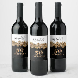 Etiqueta Para Botella De Vino 50.º Aniversario Flores Doradas Elegantes Clásicas