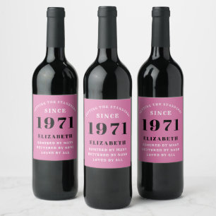 Etiqueta Para Botella De Vino 50.º cumpleaños 1971 Negro rosa para su personalid