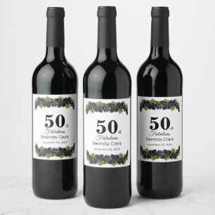 Etiqueta Para Botella De Vino 50.º cumpleaños con uvas moradas