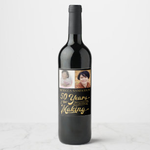Etiqueta Para Botella De Vino 50.º cumpleaños entonces y ahora fotos   Negro y o