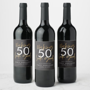 Etiqueta Para Botella De Vino 50.º cumpleaños negro y oro simple elegante modern