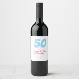 Etiqueta Para Botella De Vino 50 aniversario negrita azul rosa nombre fecha eleg