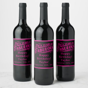 Etiqueta Para Botella De Vino 50 cumpleaños Cincuenta años de fabuloso rosa negr