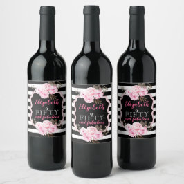Etiqueta Para Botella De Vino 50 y fabulosa franja negra con flores rosadas