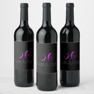 Etiqueta Para Botella De Vino 50 y fabulosa Moda Hot Pink Black Birthday