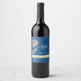 Etiqueta Para Botella De Vino 50 y Fabuloso Clásico Flor de Rosa Azul y Dorado