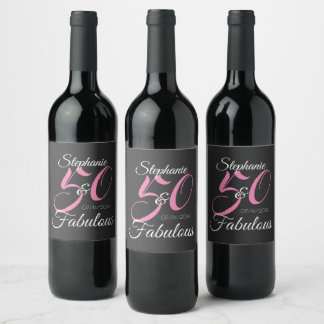 Etiqueta Para Botella De Vino 50 y Fabuloso Cumpleaños Personalizado Fiesta Rosa