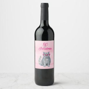 Etiqueta Para Botella De Vino 50 y fabuloso gato, rosa y gris, cumpleaños 50