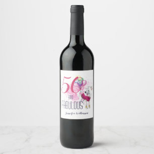 Etiqueta Para Botella De Vino 50 y fabuloso perro esponjoso en rosa con globos