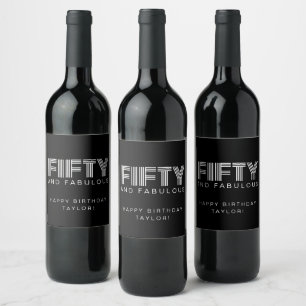 Etiqueta Para Botella De Vino 50 y Fabuloso Personalizado de cumpleaños negro mo