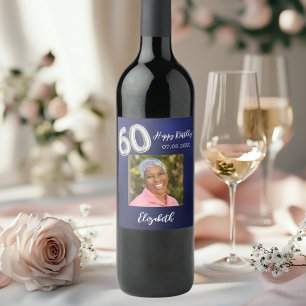 Etiqueta Para Botella De Vino 60.ª foto azul marino de cumpleaños