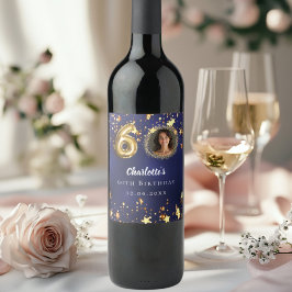 Etiqueta Para Botella De Vino 60.ª foto de estrellas de oro azul marino