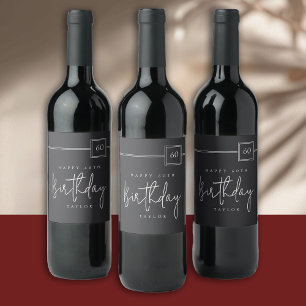 Etiqueta Para Botella De Vino 60.º cumpleaños elegante negro plano Minimalista