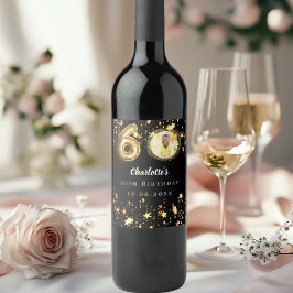 Etiqueta Para Botella De Vino 60.º cumpleaños foto de estrellas de oro negro