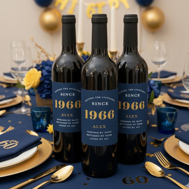 Etiqueta Para Botella De Vino 60.º Nacimiento 1966 Moda Blue Gold Elegant (Blue 60th birthday wine bottle labels.)
