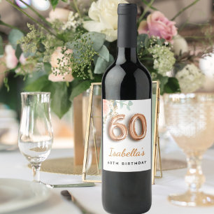 Etiqueta Para Botella De Vino 60 años rosa floral oro eucalipto monograma