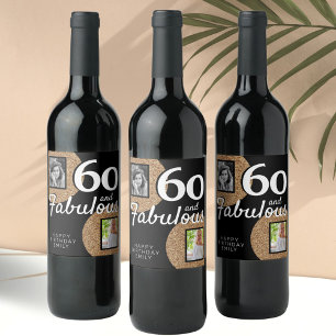 Etiqueta Para Botella De Vino 60 y Fabulous Gold Purpurina 2 Photo 60th Birthday