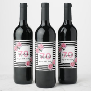 Etiqueta Para Botella De Vino 70 años rosas rosas rosas negras rayas blancas