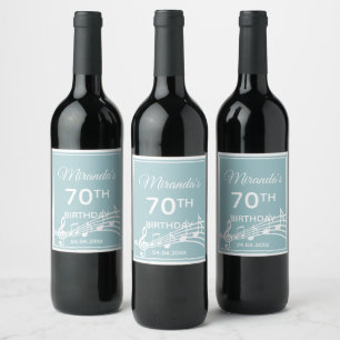 Etiqueta Para Botella De Vino 70° cumpleaños notas de música azul claro verde az