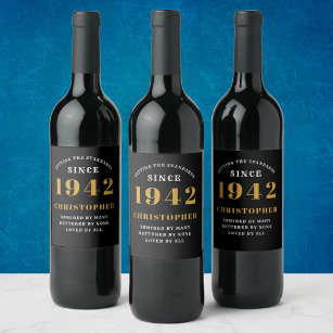 Etiqueta Para Botella De Vino 80.º cumpleaños 1942 Black Gold Retro personalizad