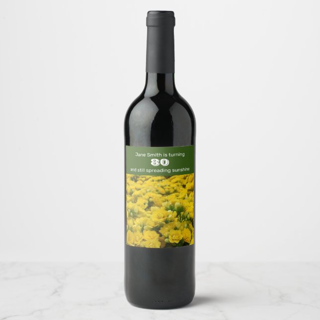 Etiqueta Para Botella De Vino 80.º cumpleaños Flower amarilla (Anverso)