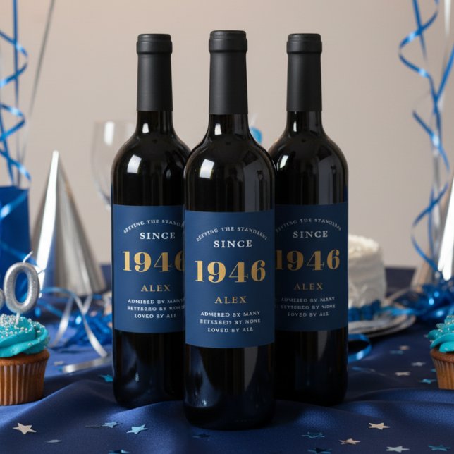 Etiqueta Para Botella De Vino 80.º Nacimiento 1946 Moda Blue Gold Elegant (Blue 1946 wine bottle labels )