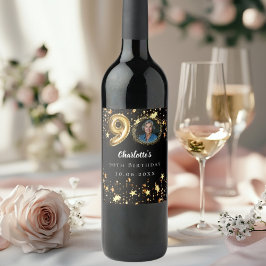 Etiqueta Para Botella De Vino 90.º cumpleaños foto de estrellas de oro negro