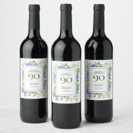 Etiqueta Para Botella De Vino 90.º cumpleaños Hidráneas Azules
