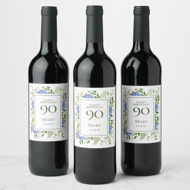 Etiqueta Para Botella De Vino 90.º cumpleaños Hidráneas Azules (Botellas)