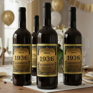 Etiqueta Para Botella De Vino 90 cumpleaños 1936 Personalizado Negro Oro Vintage