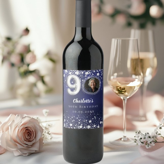 Etiqueta Para Botella De Vino 90° cumpleaños estrellas de plata azul marino (Subido por el creador)