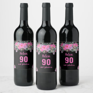 Etiqueta Para Botella De Vino 90 cumpleaños floral rosa negro